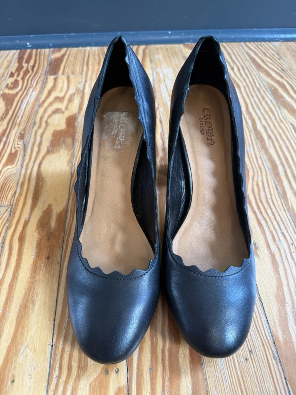 Crown Vintage Black Scalloped Vamp Block Heel Pumps - Willow Style